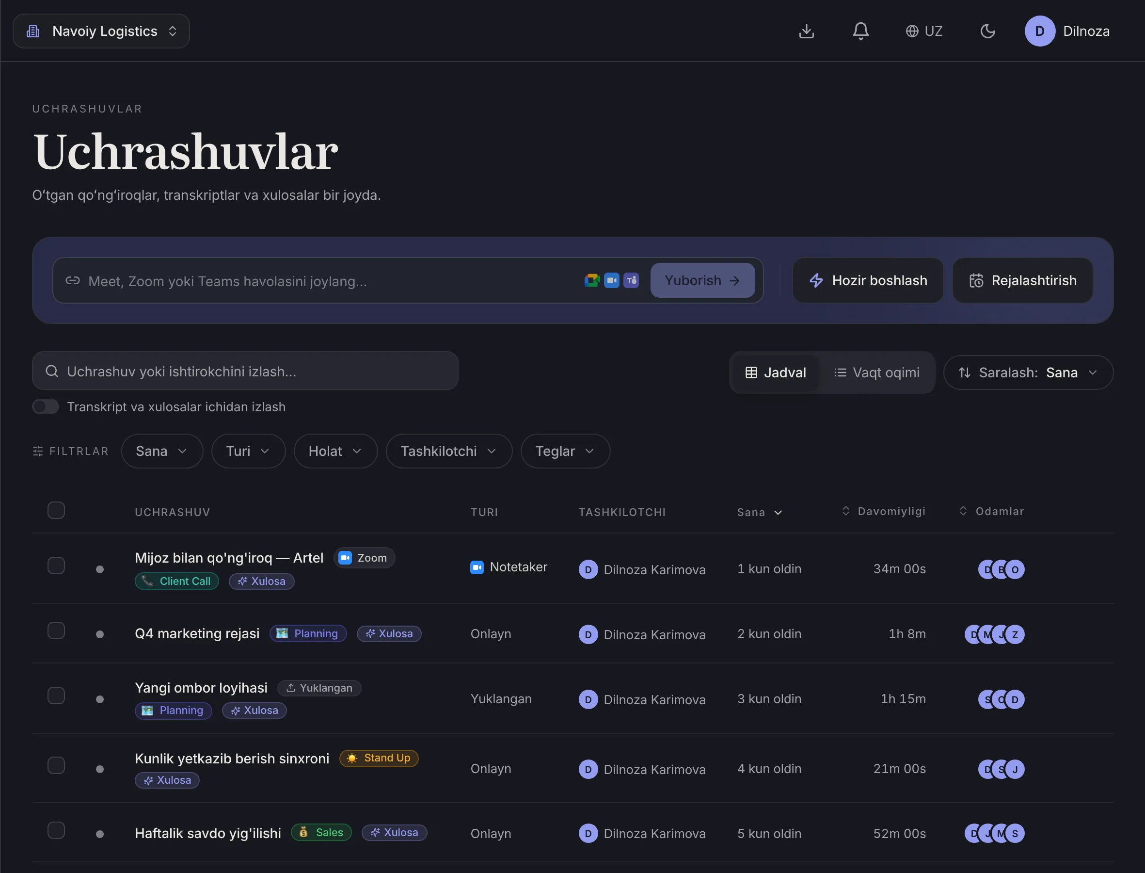 Dicta'dagi uchrashuvlar ro'yxati: Dicta, Zoom va Google Meet qo'ng'iroqlari