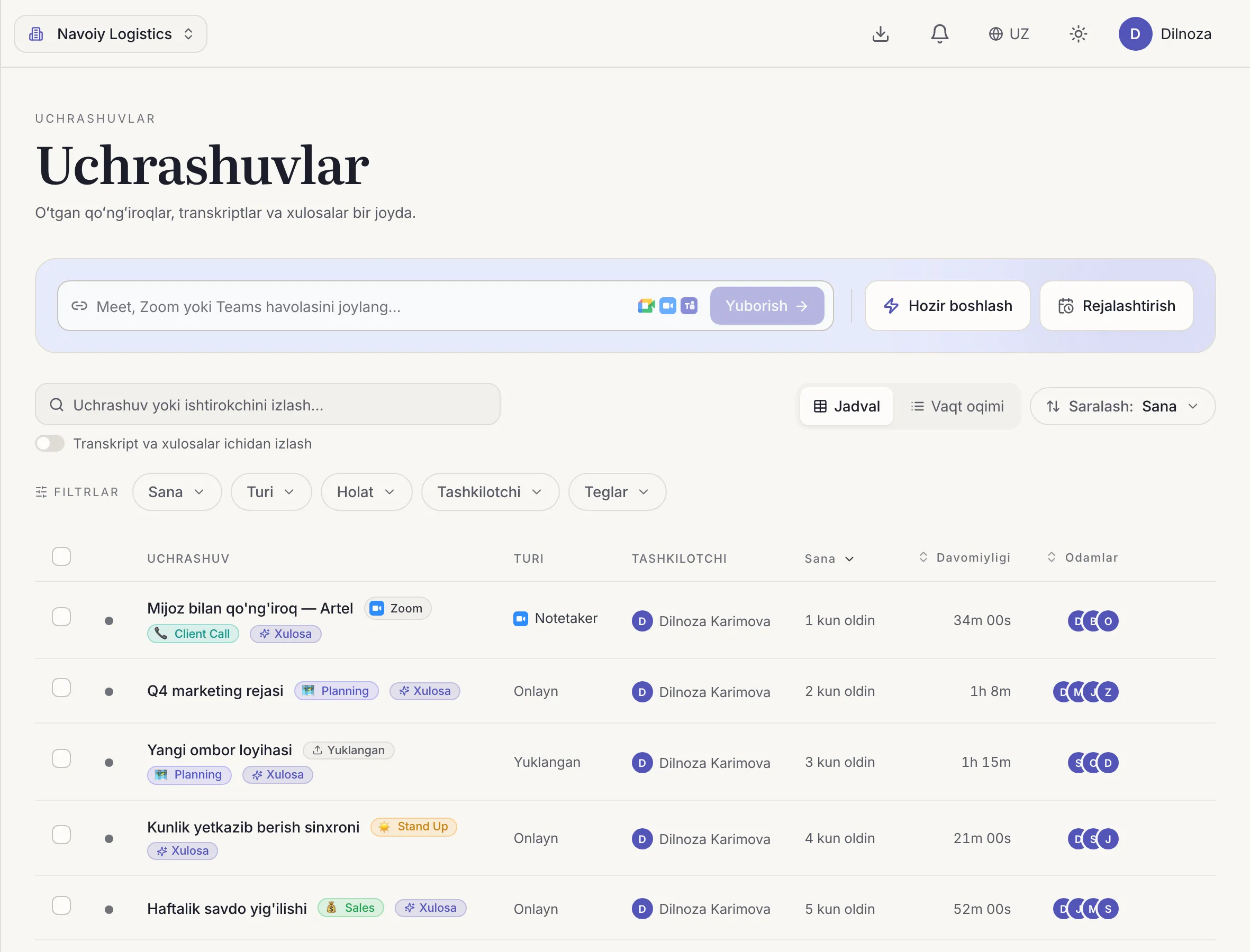 Dicta'dagi uchrashuvlar ro'yxati: Dicta, Zoom va Google Meet qo'ng'iroqlari