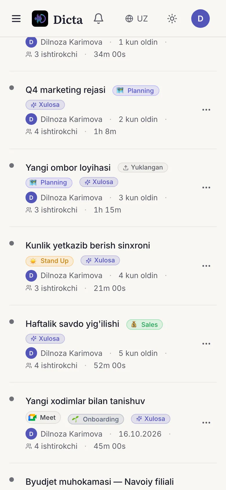 Dicta mobil ilovasida uchrashuvlar ro'yxati