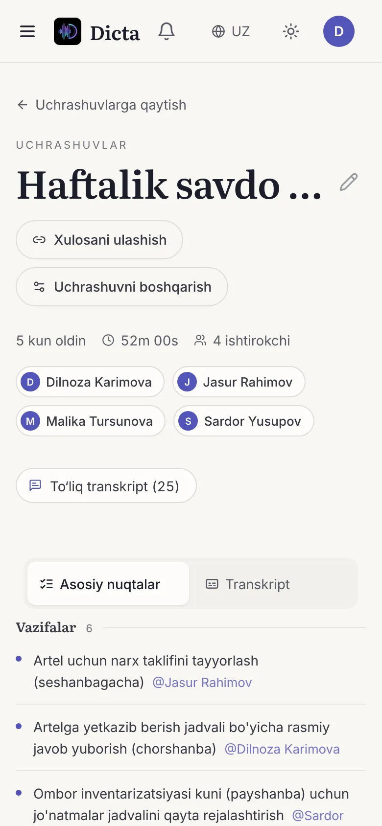 Dicta mobil ilovasida uchrashuv xulosasi