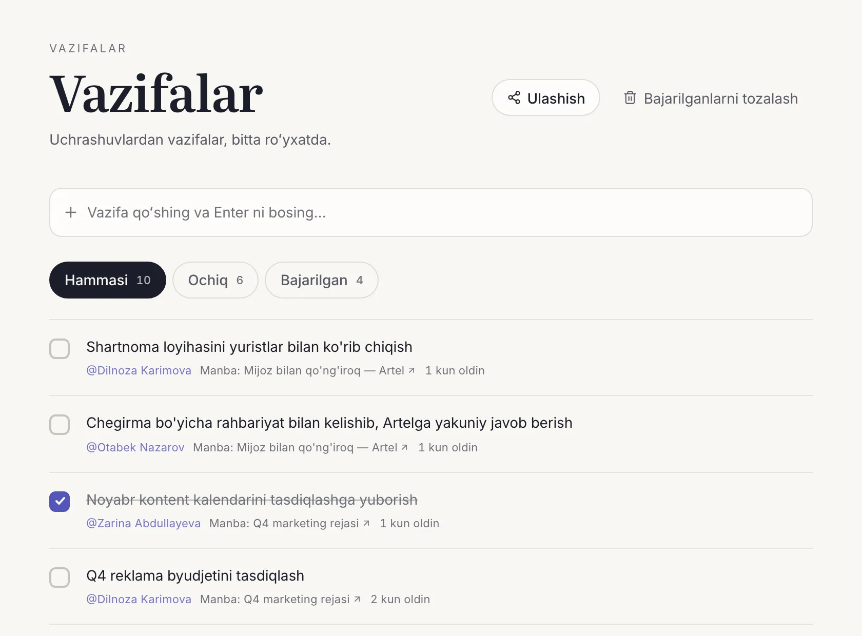 Dicta'da uchrashuvlardan olingan vazifalar, har birining mas'uli bilan